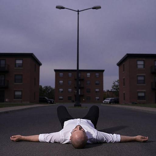 Bald Man on Pavement Under Purple Sky