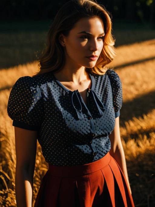 Woman in Navy Blue Polka Dot Shirt and Red Skirt
