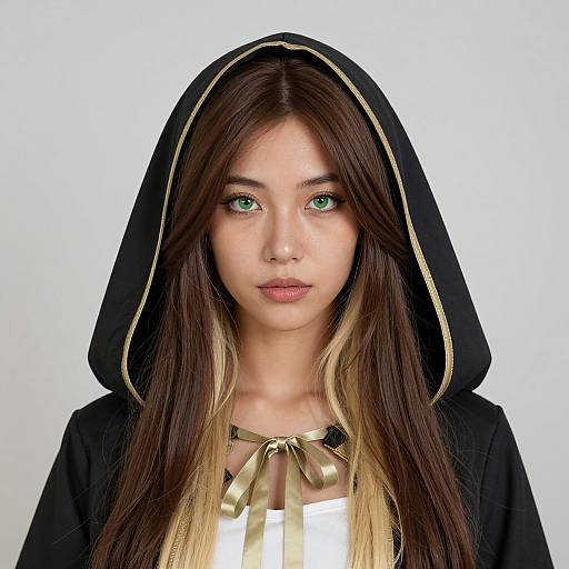Photograph of a young woman with long dark brown hair, green eyes, wearing a black hooded robe with gold trim and a gold ribbon, against