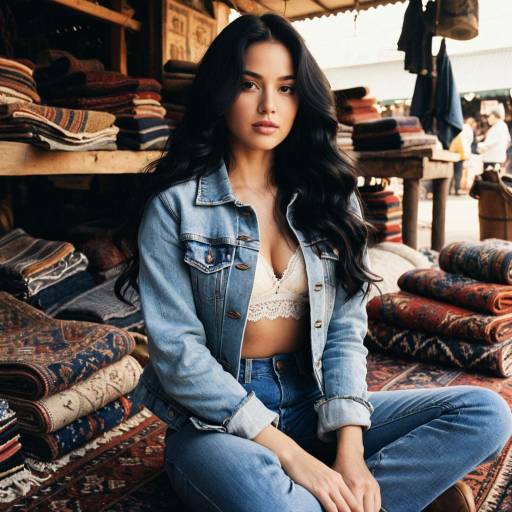 Woman Sitting on Antique Rugs in Market Stall
