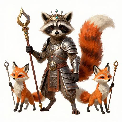 Digital illustration of a regal raccoon warrior in silver armor, crowned with a gem, holding a trident, flanked by two orange foxes