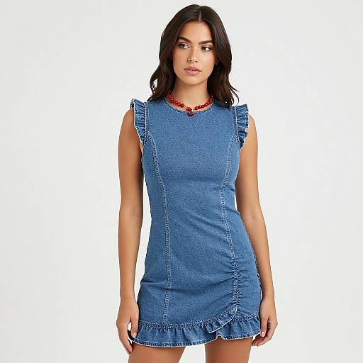 Photograph of a young woman with dark hair, wearing a sleeveless, blue denim dress with ruffled shoulders and hem, and a red beaded