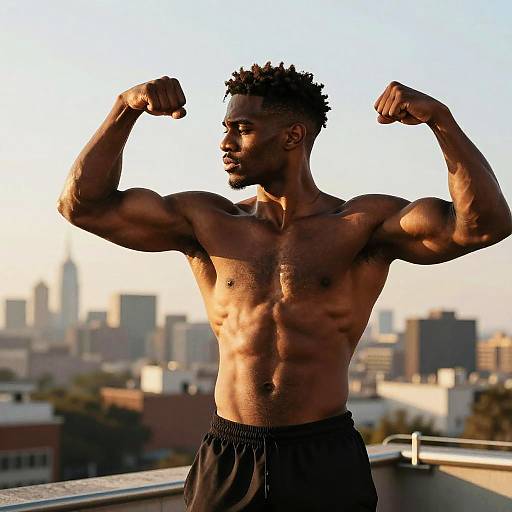 Photograph of a muscular, shirtless Black man with short curly hair, flexing his biceps on a rooftop, city skyline in the background,