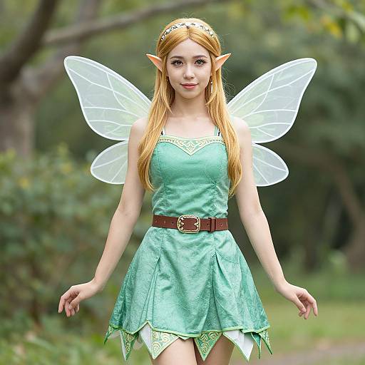 Digital artwork of a cute, blonde elf girl with pointed ears, green dress, brown belt, translucent fairy wings, standing in a forest.