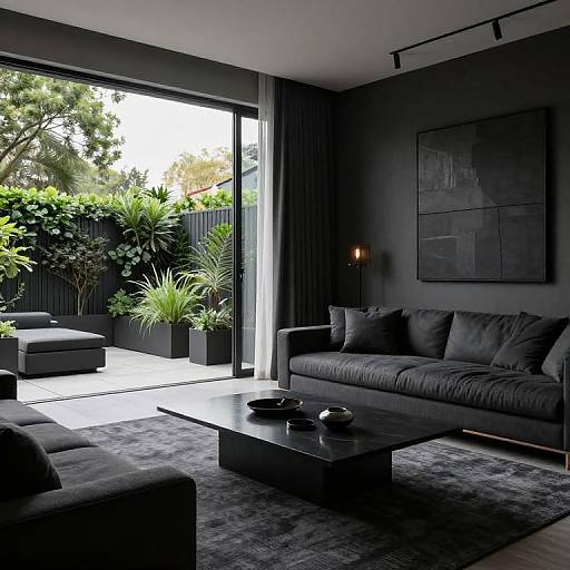 Photograph of a modern, dark-themed living room with black sofas, a gray rug, black coffee table, large window, and lush green garden outside