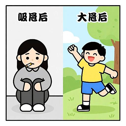 Digital drawing of two Asian children: left, sad girl in gray; right, happy boy in yellow shirt, blue shorts, outdoors. Japanese text above