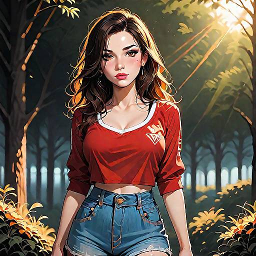 Woman in Red Crop Top and Denim Shorts in Sunlit Forest