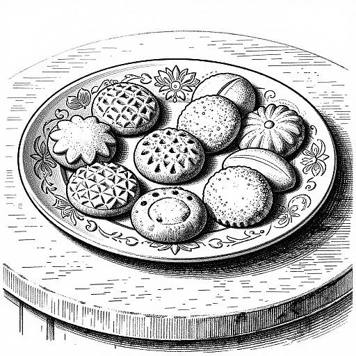 Black-and-white ink drawing of a plate filled with strawberries and pomegranates, detailed with cross-hatching and floral patterns, on a textured wooden