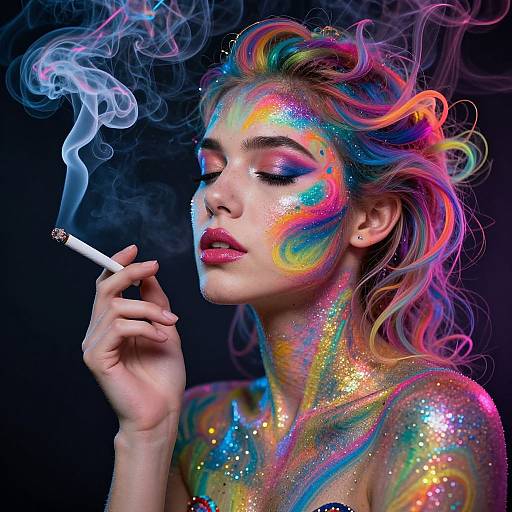 Photographic portrait of a woman with neon rainbow body paint, smoking a cigarette, surrounded by colorful smoke, against a dark background.