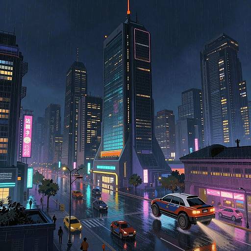 Futuristic Cityscape with Hover Cars at Night
