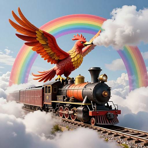 Digital illustration of a vibrant red rooster with golden feathers perched on a black steam locomotive, flying above a rainbow amidst fluffy clouds, with bright