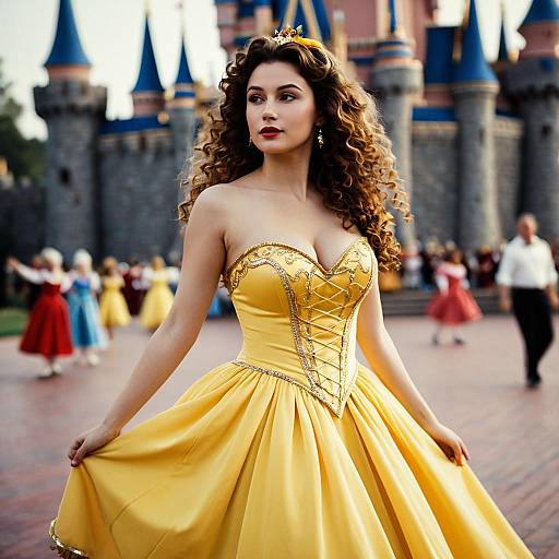 Woman in Yellow Disney-Style Dress at Castle