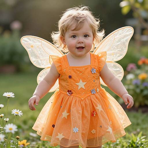 Photograph of a smiling toddler in an orange fairy dress with star and flower embroidery, and translucent fairy wings, standing in a sunlit garden with white