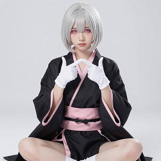 Cosplayer in Black Pink Kimono Pose