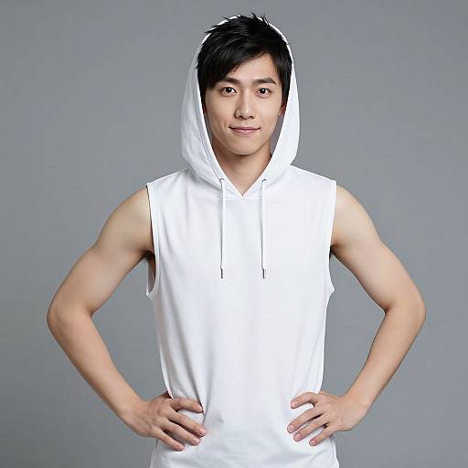 Photograph of a young Asian man with black hair, wearing a sleeveless white hoodie with hood up, standing against a gray background, hands on hips