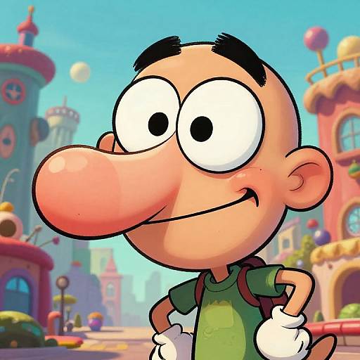 Cartoon-style image of a bald, wide-eyed boy with a large nose, wearing a green shirt and white gloves, standing confidently in a colorful,