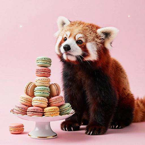 Curious Red Panda with Pastel Macarons