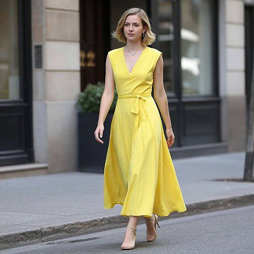Photograph of a blonde woman in a vibrant yellow, sleeveless, V-neck dress with a waist tie, walking on a city street. She wears