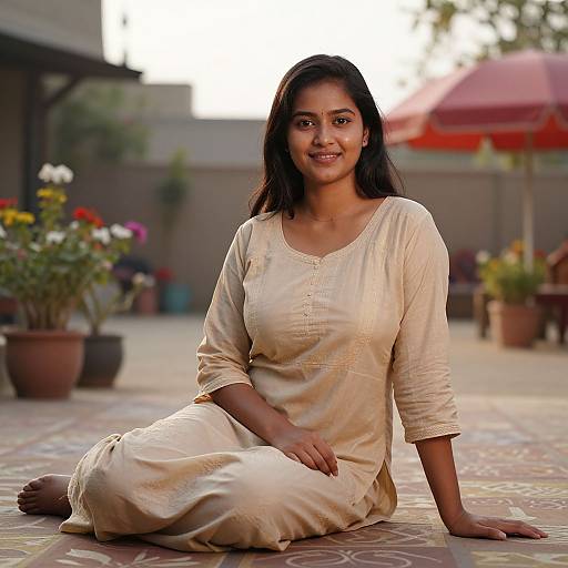 Photograph of a smiling Indian woman with long dark hair, wearing a cream-colored traditional salwar kameez, sitting cross-legged on a tiled patio