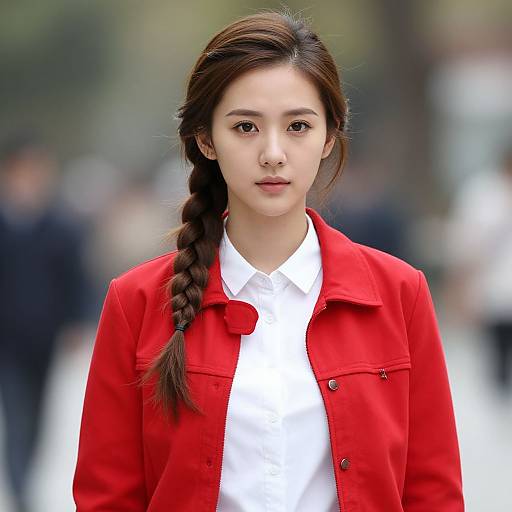 Photograph of an Asian woman with fair skin, brown braided hair, wearing a bright red jacket over a white shirt, standing in a blurred urban