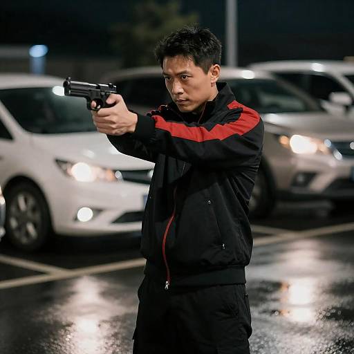 Man Aiming Gun in Wet Parking Lot