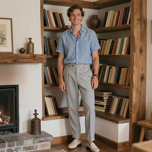 Photograph of a smiling young man with curly brown hair, wearing a blue shirt, gray pants, and white shoes, standing in a wooden bookshelf