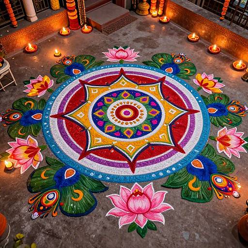 Photograph of vibrant mandala design on concrete floor, featuring colorful peacock feathers, pink lotus flowers, and glowing candles surrounding it.