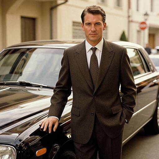 Photograph of a handsome, serious-looking man in a black pinstripe suit, white shirt, and black tie, leaning on a shiny black lim