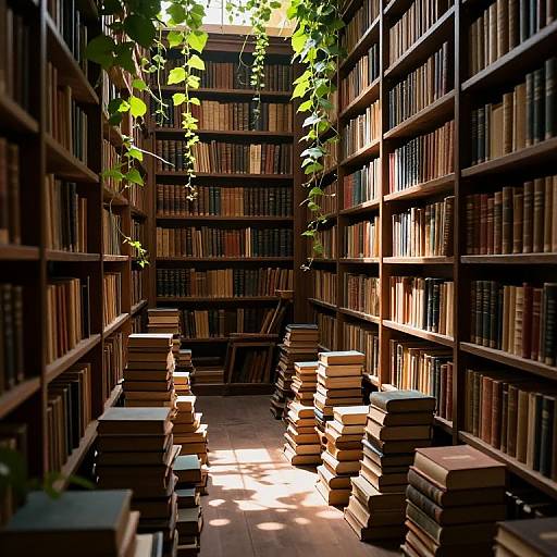 Photograph of a sunlit library aisle with tall wooden bookshelves filled with books, stacks of books on the floor, and green vines hanging from