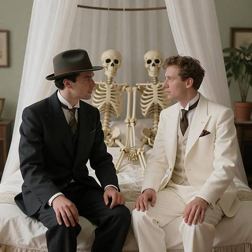 Vintage Gentlemen Conversing with Skeletons