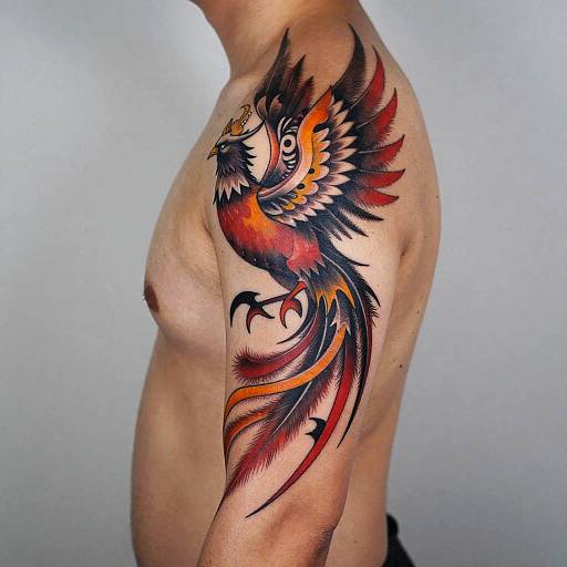 Photograph of a shirtless man with a colorful, detailed phoenix tattoo on his upper right arm, featuring vibrant red, black, and orange feathers.