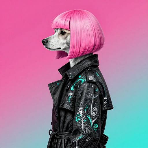 Digital illustration of an anthropomorphic dog with a bright pink bob haircut, wearing a black, ornately patterned jacket, against a gradient pink-to-blue