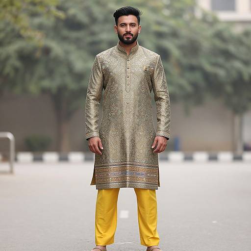 Photograph of a bearded man with short black hair, wearing a gold embroidered kurta and bright yellow pants, standing on a blurred street with trees