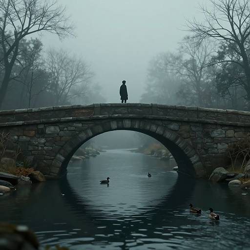 Photograph of a solitary figure standing on a foggy stone bridge, overlooking a calm, misty pond with ducks swimming below.