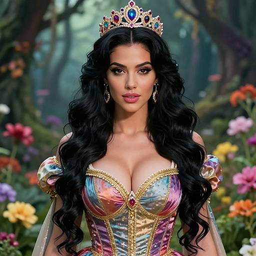 Digital illustration of a voluptuous, fair-skinned woman with long black curls, wearing a colorful, tight corset dress, gold crown, and earrings
