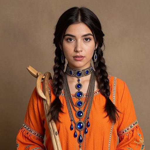 Photograph of a young South Asian woman with dark braids, wearing an orange traditional outfit, adorned with blue gemstone jewelry, against a brown background