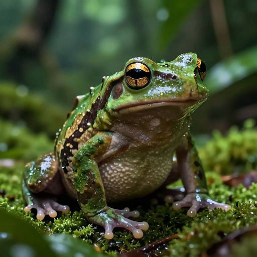 Photograph of a vividly green frog with large, orange-rimmed eyes, sitting on lush, moss-covered forest floor, with blurred greenery