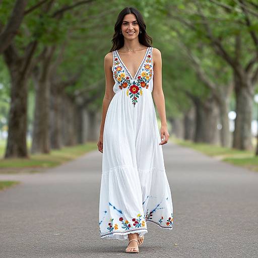 Photograph of a smiling woman with long dark hair in a white, sleeveless, V-neck dress with colorful floral embroidery, walking on a tree-lined
