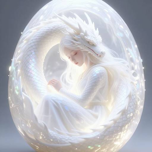 Photorealistic CGI of a serene, white-haired woman with closed eyes inside a glowing, transparent, spherical light orb against a dark blue gradient background.