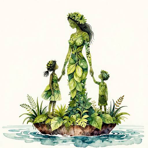 Digital illustration of three leaf-covered, green-skinned female figures holding hands on a floating island, surrounded by water, with lush foliage.