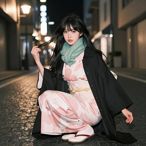 Dynamic Nighttime Scene with Asian Woman