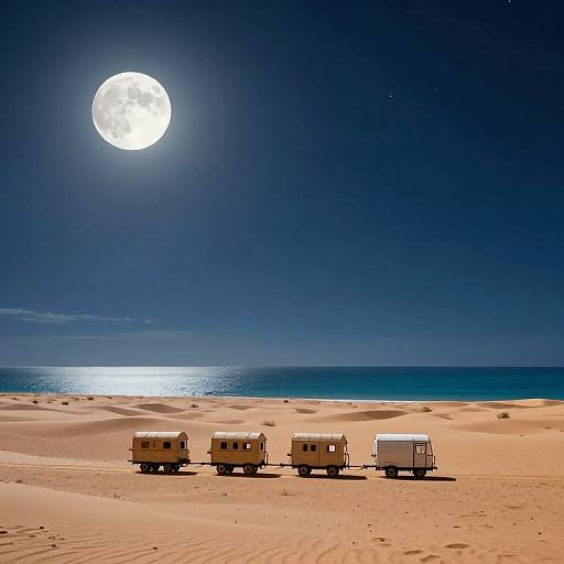 Photograph of four white campervans lined up on a sandy desert beach under a bright, full moonlit night sky with a calm ocean in the
