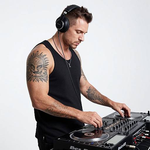 Muscular DJ with Tattoos and Headphones