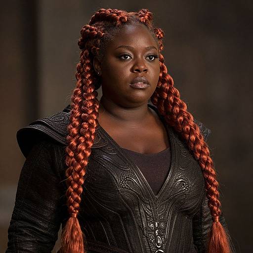 Photograph of a serious African woman with dark skin, bright red braided hair, wearing a black, intricately patterned top against a dark,