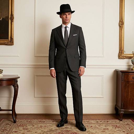 Photograph of a man in a black suit, white shirt, black tie, and black fedora hat, standing in an elegant room with white walls