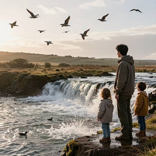 Serene Waterfall and Family Reflection