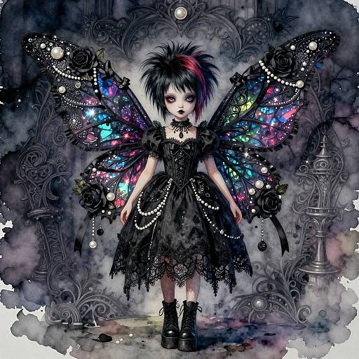 Gothic fairy with black lace dress, colorful, starry butterfly wings, spiked black hair, dark makeup, standing in ornate, foggy