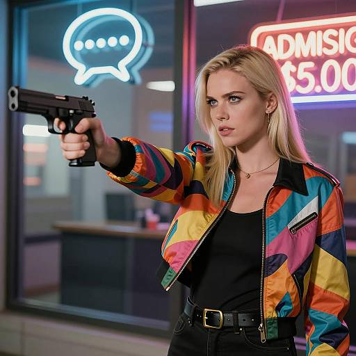 Neon-Lit Femme Fatale with Handgun