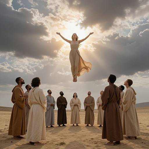 Photograph of a woman with arms raised, floating in the sunlit sky, surrounded by 12 men in ancient robes, standing in a desert landscape