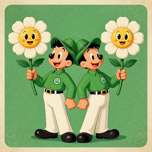 Cartoon illustration of two smiling Mickey Mouse twins in green shirts and hats, holding sunny-faced daisies, standing back-to-back against a green textured